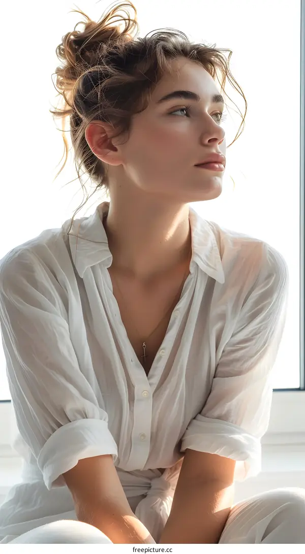 portrait of a beautiful young woman with brown hair and blue eyes