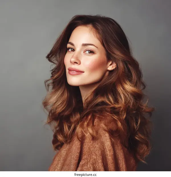 Beautiful Woman with Wavy Hair and Natural Makeup