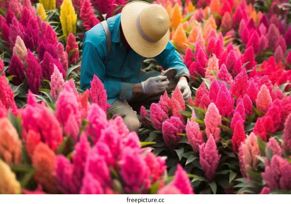 A farmer wearing a straw hat kneels in a field of colorful celosia flowers