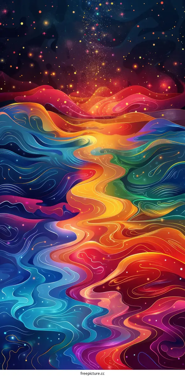 Colorful abstract painting of a river flowing through a valley at night