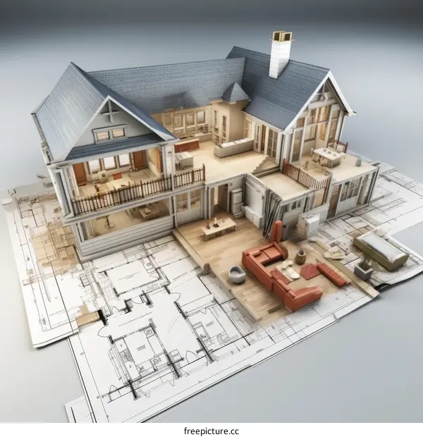 3D rendering of a modern house with a blueprint