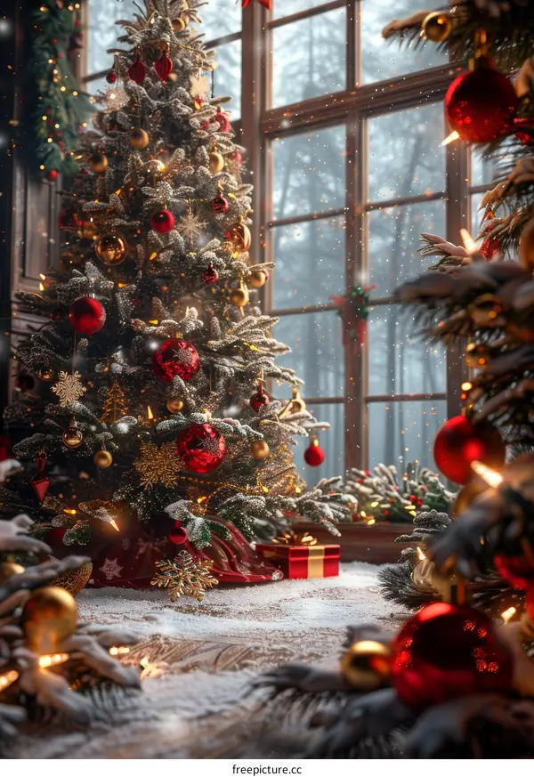 Ornate Christmas Tree Shimmering with Lights and Ornaments