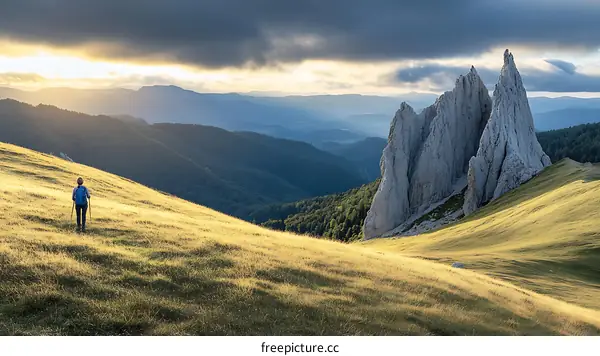 Hikers Explore Stunning Mountain Landscape at Sunrise