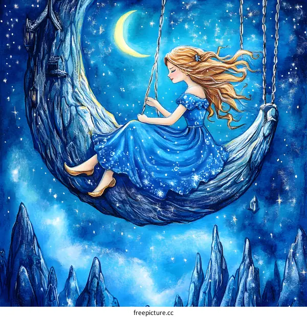 Girl Sitting on Crescent Moon Swing in Watercolor Illustration