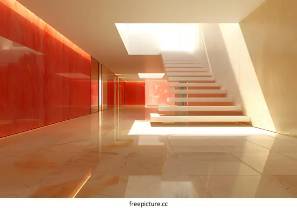 Staircase in a modern building with red walls and white marble floor
