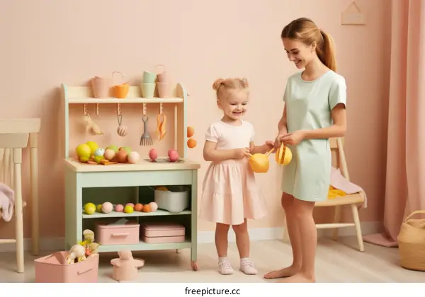 Mother and daughter playing with toy kitchen