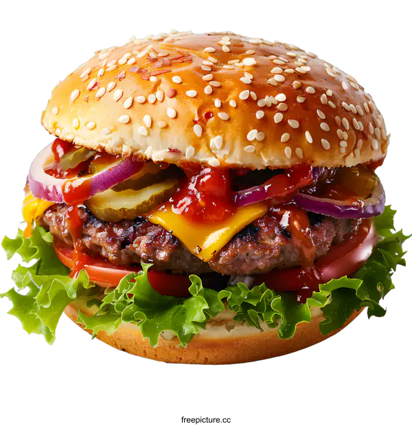 [Transparent Background PNG]Close Up of a Delicious Cheeseburger with Sesame Seed Bun