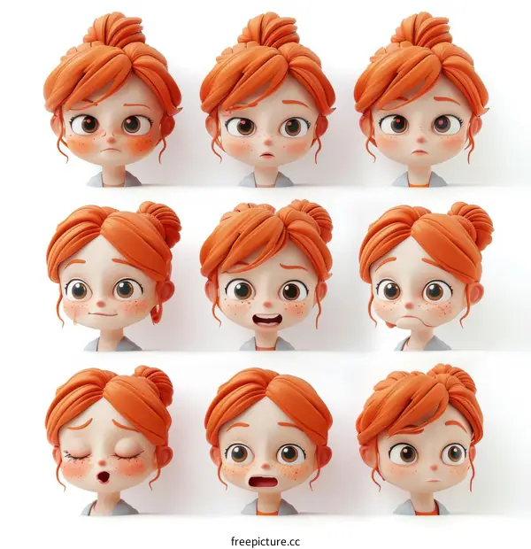 3D Cartoon Character Orange Hair Girl Different Expressions