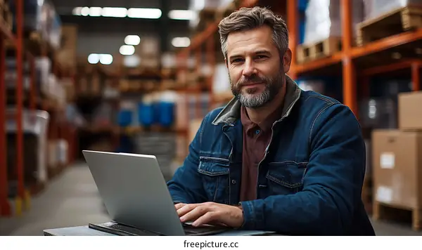 Warehouse Worker Using Laptop