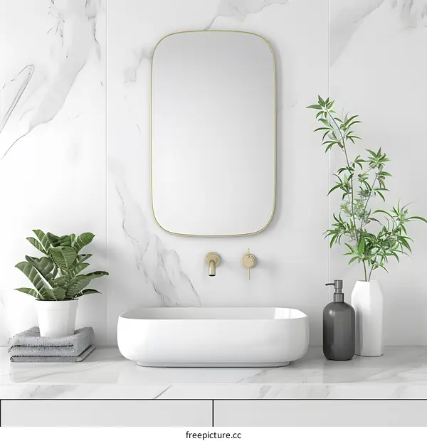 Modern Bathroom with White Marble Wall and Gold Trimmed Mirror