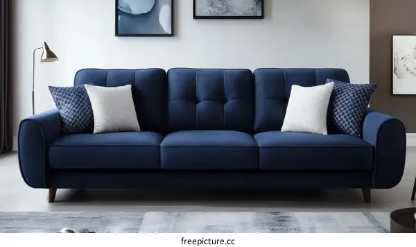 Modern Dark Blue Velvet Sofa in a Stylish Living Room