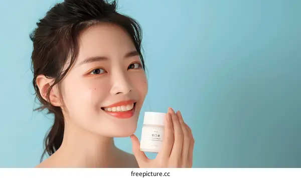 Smiling Woman Holding a Jar of Cream
