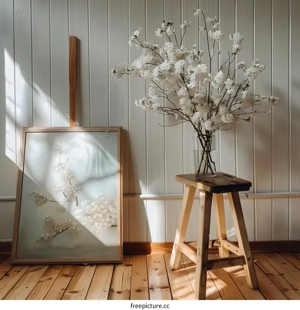 White Flowers in a Vase on a Wooden Stool with a Painting in the Background