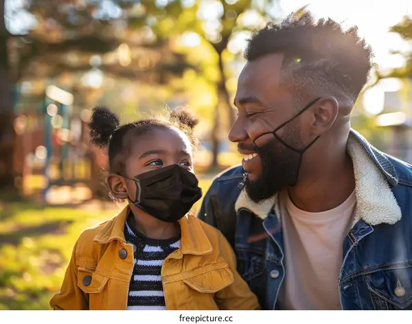 Father and daughter wearing protective face masks