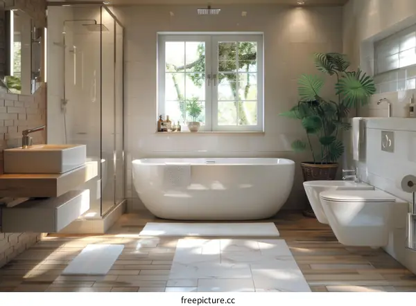 A bright and airy bathroom with a large bathtub, a separate shower, and a large window.