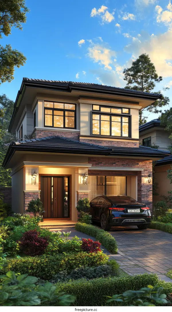 Modern Two-Story House Exterior Design Illustration