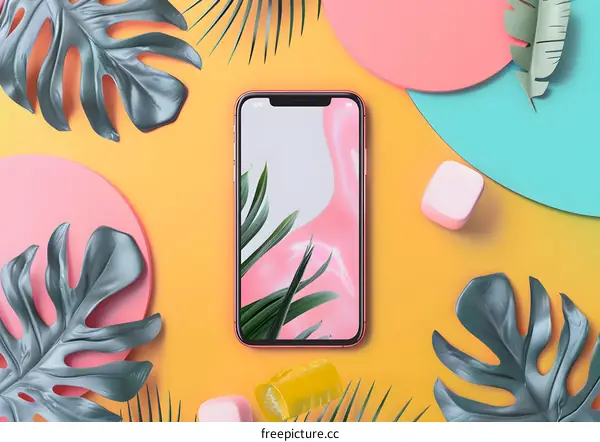 Flat Lay Smartphone Mockup with Pink and Green Tropical Leaves