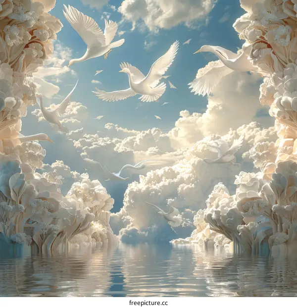 White Birds Flying Through a Dream Cloud Landscape