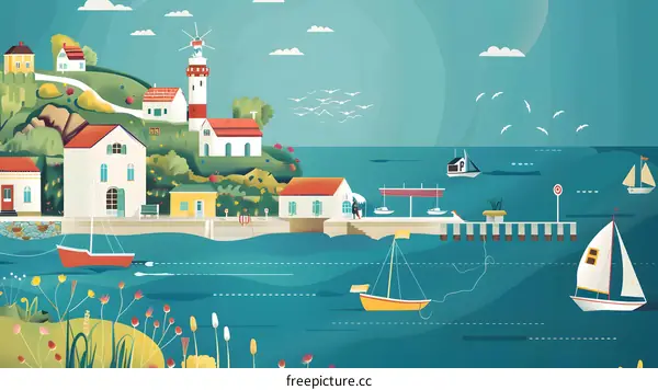 Colorful Illustration of a Small Town by the Sea