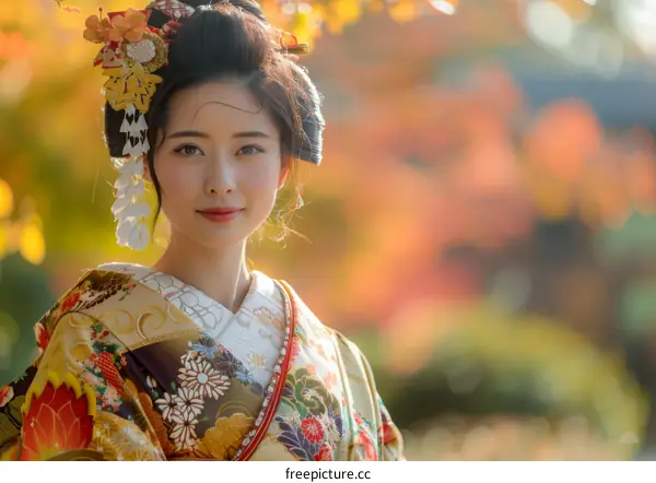 Portrait of a beautiful Japanese woman in traditional kimono