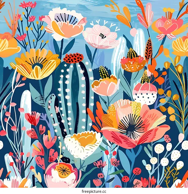 Colorful Floral Illustration with Cactus and Blue Background