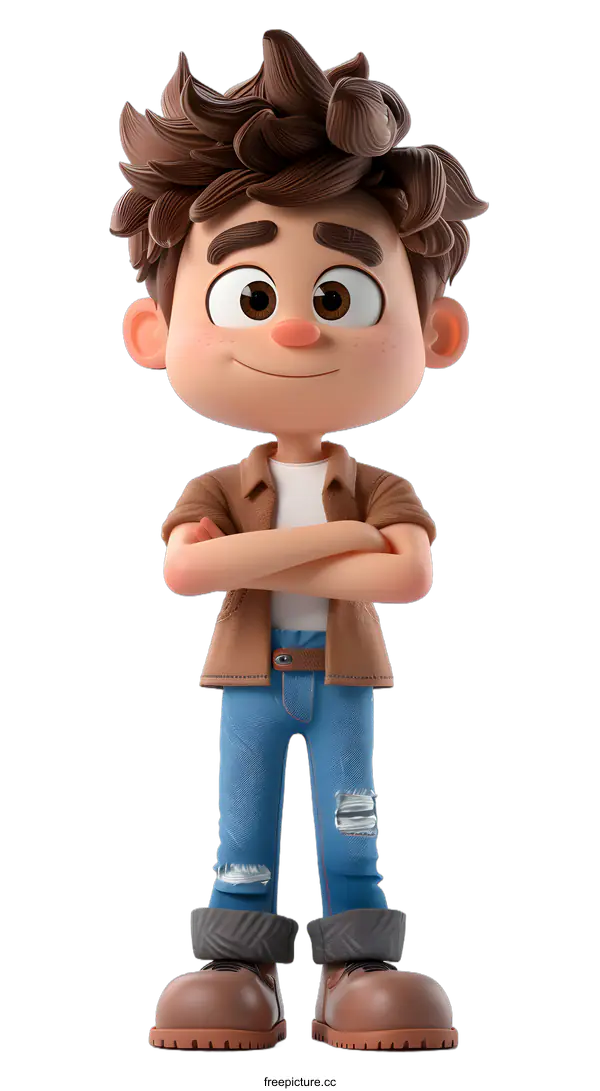 [Transparent Background PNG]3D Cartoon Illustration of a Boy with Brown Hair and Brown Jacket