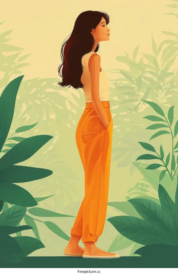 A woman standing in front of a lush green jungle background