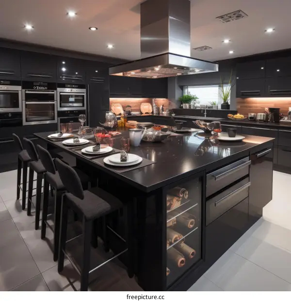 Black kitchen island with seating and wine rack