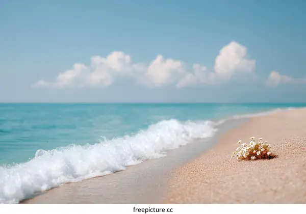 Coastal Beach Scene with Soft Waves and Wildflowers