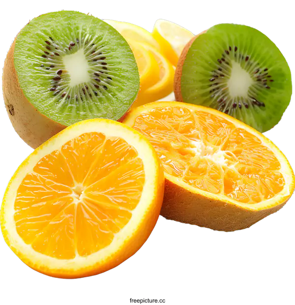 [Transparent Background PNG]Fresh Sliced Kiwi and Orange Fruits on White Background