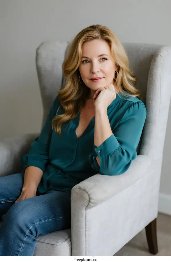 A woman sitting comfortably in a modern armchair with a relaxed expression