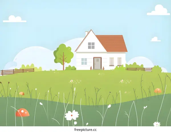 White House with Red Roof and Green Grass