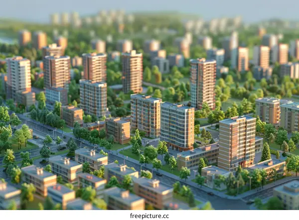 Cityscape of a miniature city with residential buildings, green spaces and streets