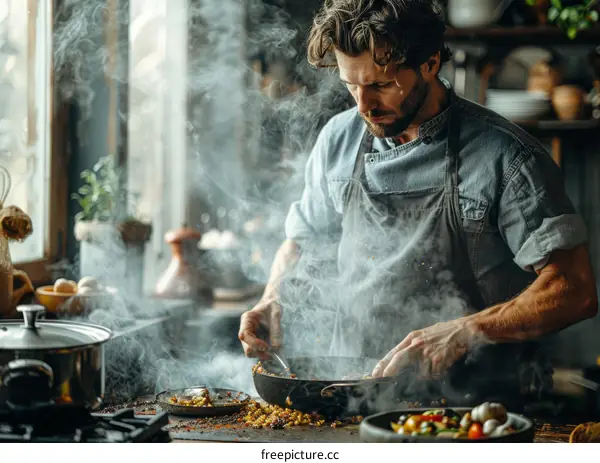 Focused male chef cooking delicious food in restaurant kitchen
