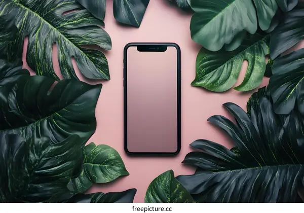 Tropical Leaves and Smartphone on Pink Background