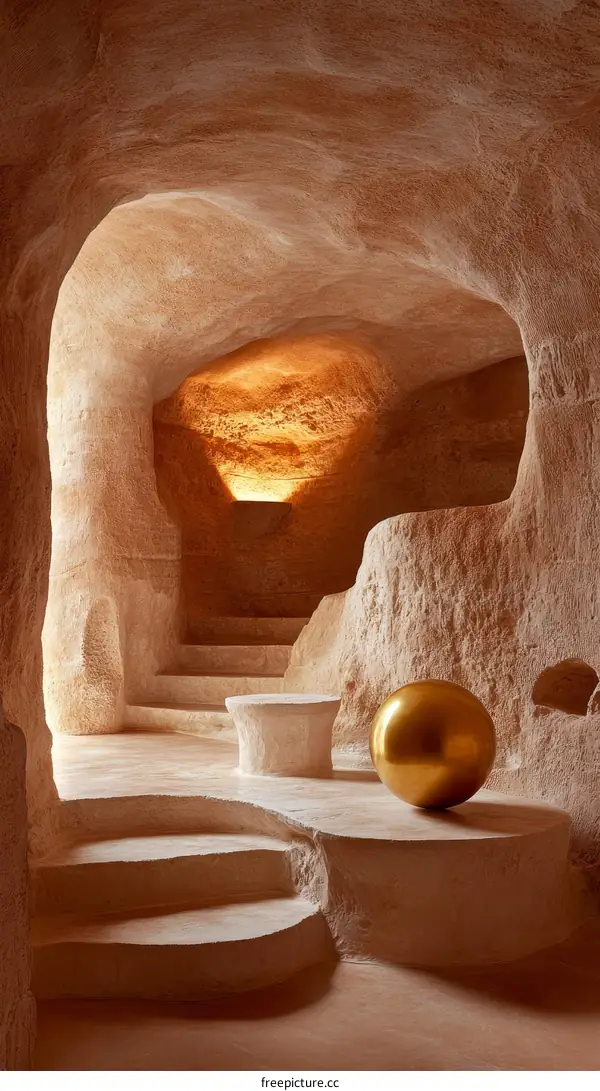 Cave Interior Design with Golden Sphere