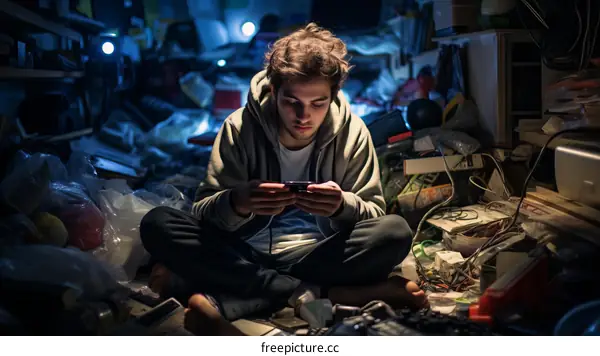 Young male sitting in a messy room and looking at his phone