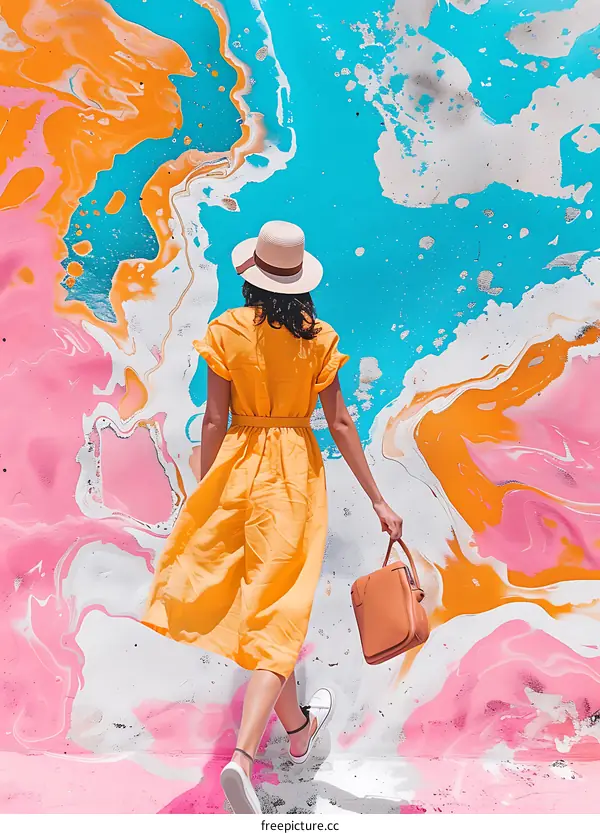 Woman in Yellow Dress Walking Away from Colorful Wall