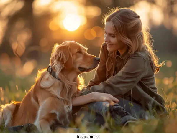 Young woman sitting on the grass with her golden retriever dog