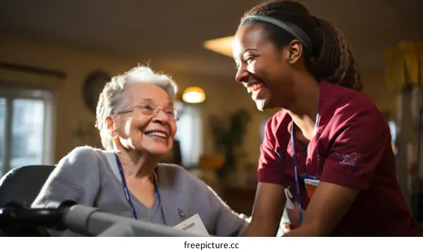 Smiling elderly woman with caregiver