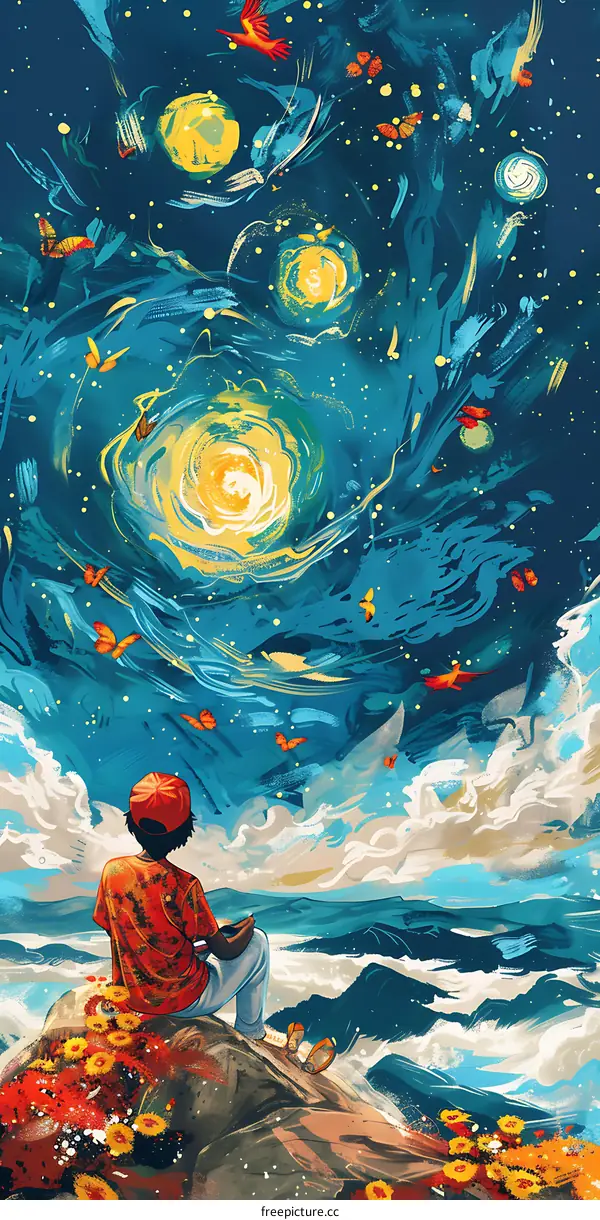 Man Sitting on a Cliff with a Starry Sky in the Background