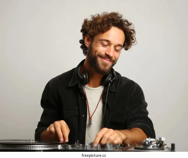 DJ Man Operating Turntable and Mixer