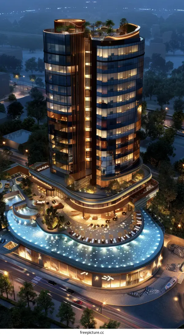 Modern Architectural Design of a High-Rise Building with a Rooftop Pool