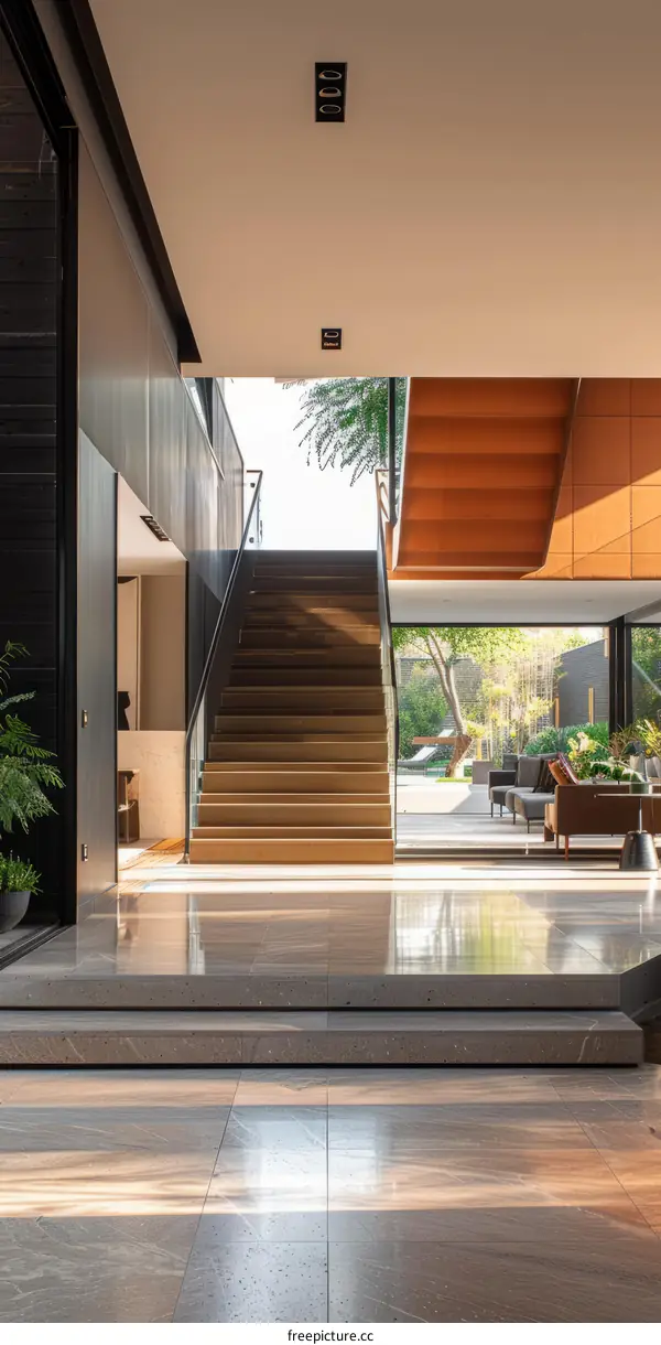 Modern House Staircase with Light from Large Windows