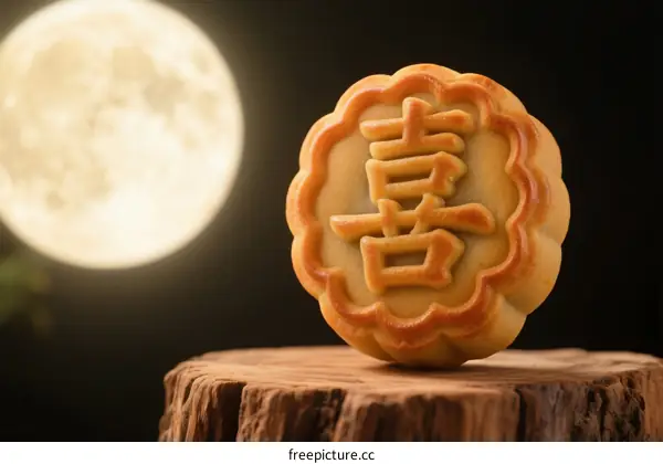Mooncake with Chinese character 'xi' under full moon