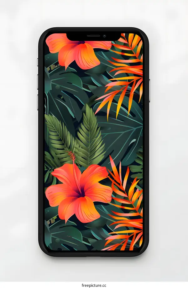 Tropical Flowers and Leaves Phone Wallpaper