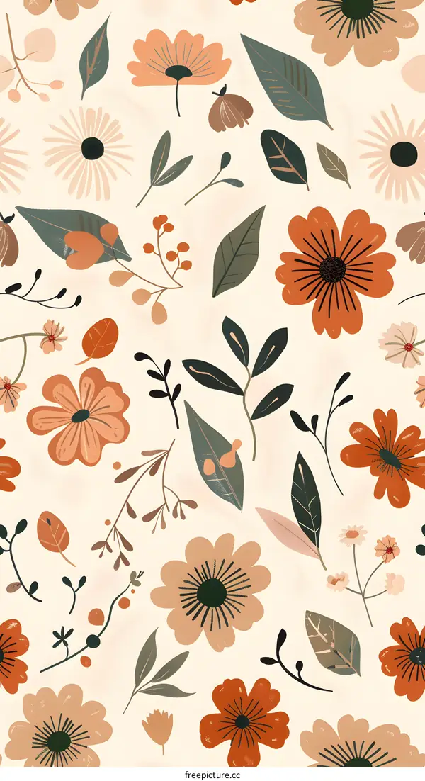 Retro floral seamless pattern with hand drawn flowers and leaves