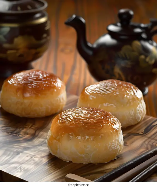 Closeup of Three Chinese Mooncakes on Wooden Cutting Board