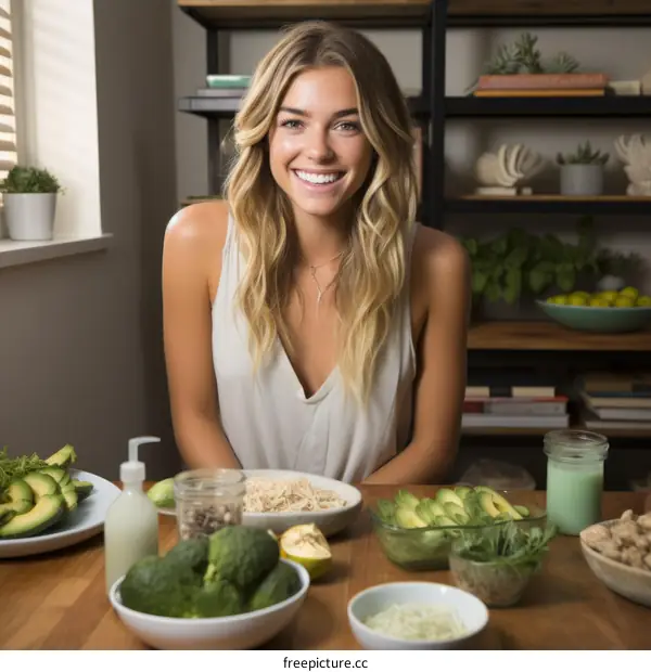 Smiling blonde woman sitting at a table full of healthy food