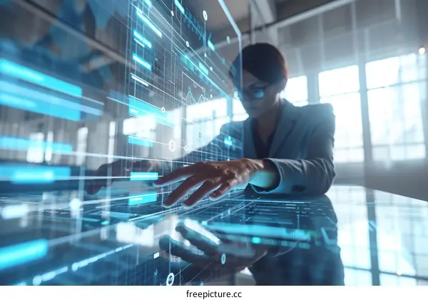 businesswoman working on futuristic touch screen